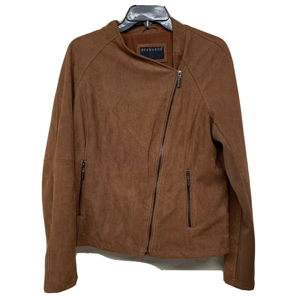Bernardo Faux Suede Jacket Womens Large Brown Asymmetrical Zip Moto Coat